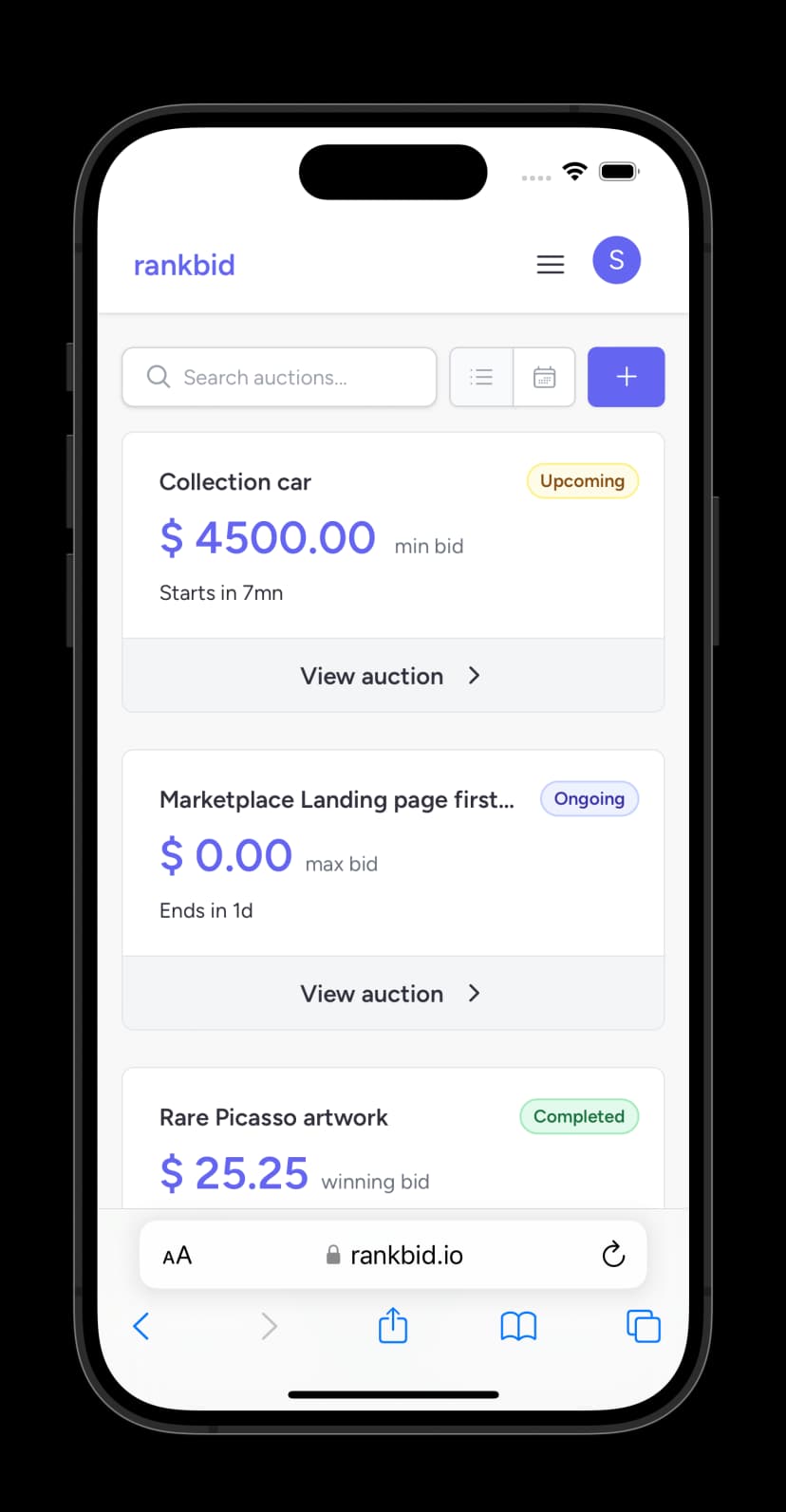 Preview of Rankbid's dashboard for auction management on a mobile screen